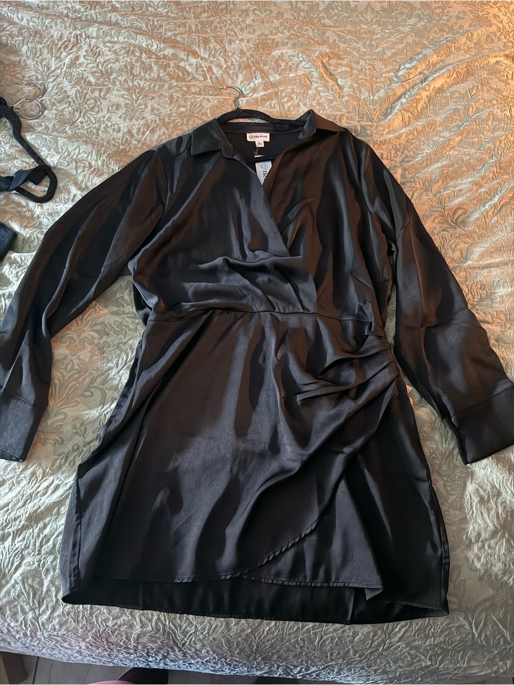 Black Satin Long-Sleeve Wrap Mini Dress